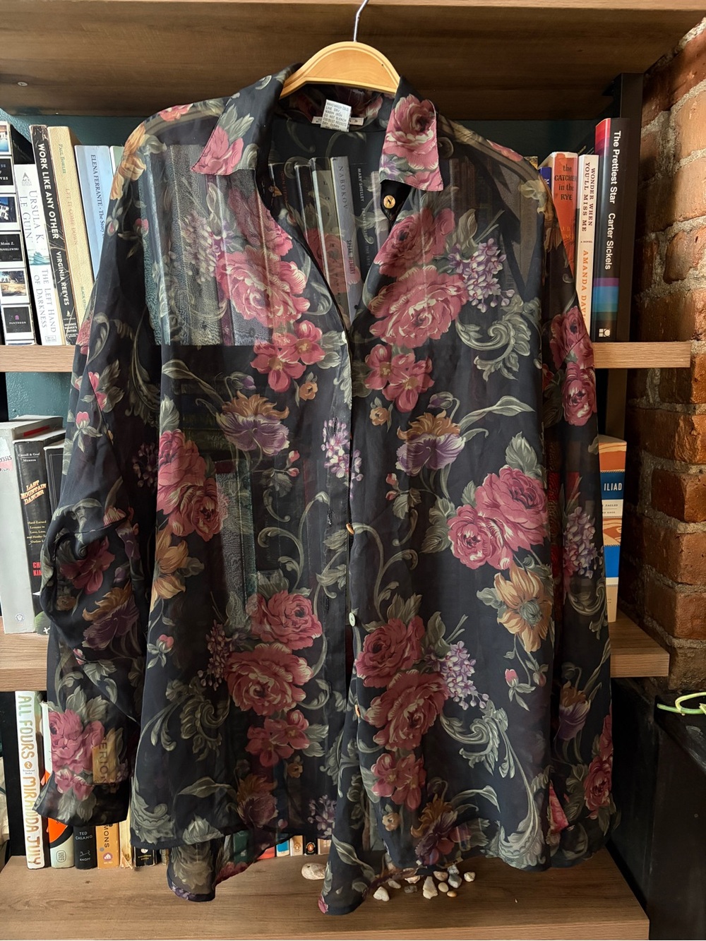 Sheer Floral Button-Up Shirt - Black with Pink Floral